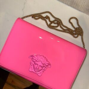 Versace Neon Pink Clutch with Gold Chain